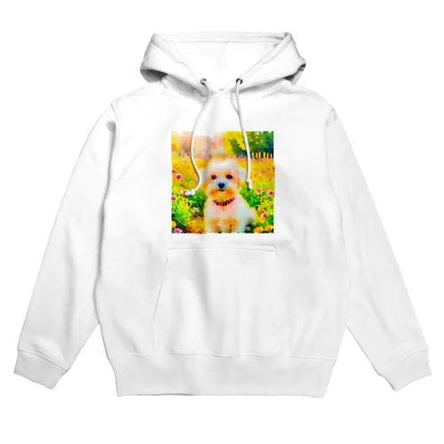 水彩画の犬 花畑のマルチーズのイラスト Hoodie