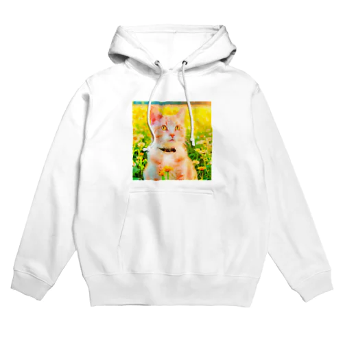 猫の水彩画/花畑のチャシロねこのイラスト/茶白ネコ Hoodie