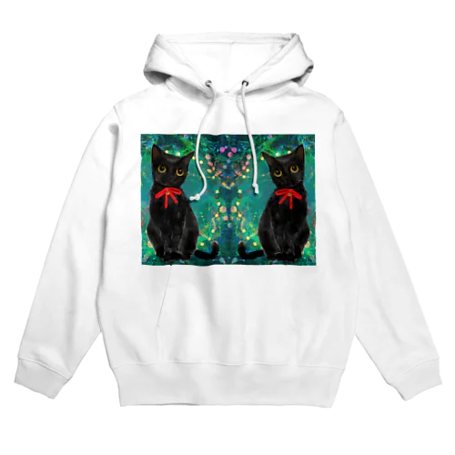 赤いリボンと鈴をつけたミステリアスな黒猫のイラスト Hoodie