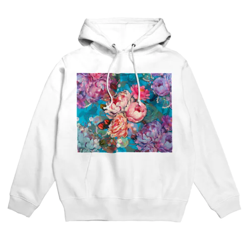 薔薇、芍薬、牡丹のボタニカルブーケと螺鈿模様の壁紙イラスト Hoodie