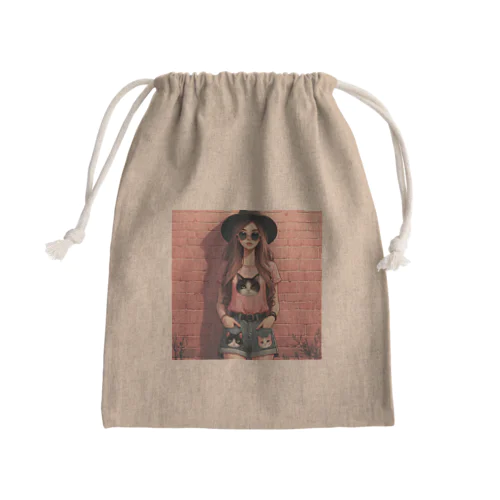 猫好きの女の子のファッション(1) Mini Drawstring Bag