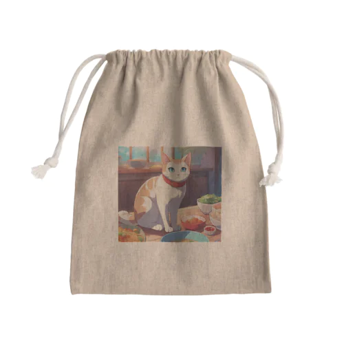 ご飯の前で座り込む仕草の猫 Mini Drawstring Bag