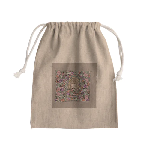 花に囲まれる少女の巾着 Mini Drawstring Bag