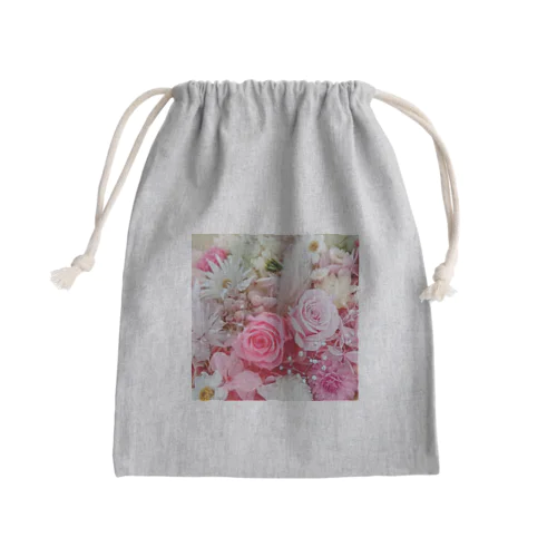 ピンクローズのガーリーな花柄 Mini Drawstring Bag