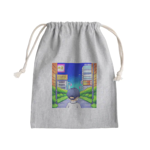 男の子と街並み Mini Drawstring Bag