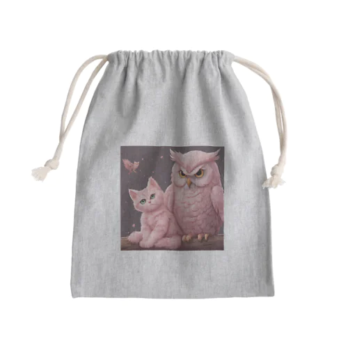 可愛い桃色の猫とフクロウさん Mini Drawstring Bag