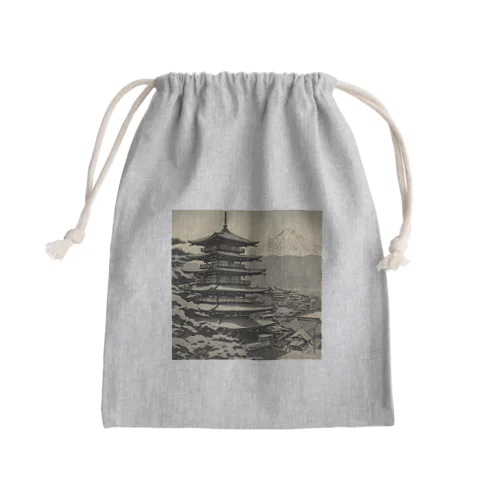 モノクロ山と寺 Mini Drawstring Bag