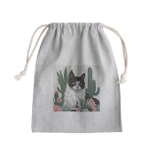 ハチワレ白黒猫とサボテン Mini Drawstring Bag