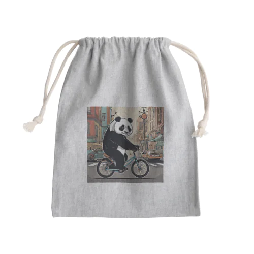 街中を自転車で走るパンダ Mini Drawstring Bag