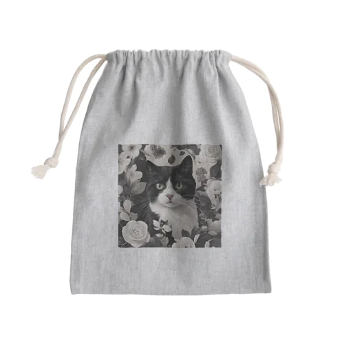 ハチワレ白黒猫とジャスミン Mini Drawstring Bag