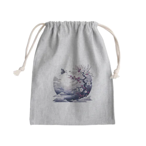 白背景の和風夜景 - 月と梅と鶴 Mini Drawstring Bag