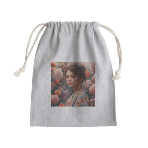 花の中で呼び止められる女性 Mini Drawstring Bag