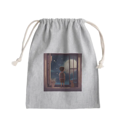 窓の中に立つ少年が、深い夜空を見つめている。 Mini Drawstring Bag
