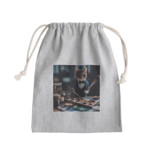 一匹の個性的な猫が絵筆を握っています Mini Drawstring Bag