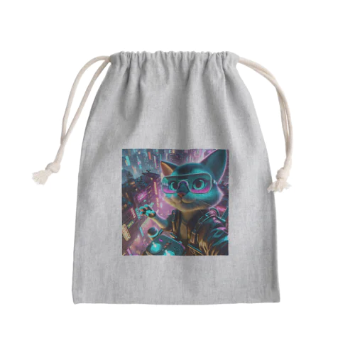 疾走するサイバースペースで、クールなにゃんこたちが都市を舞台に華麗に活躍！ Mini Drawstring Bag