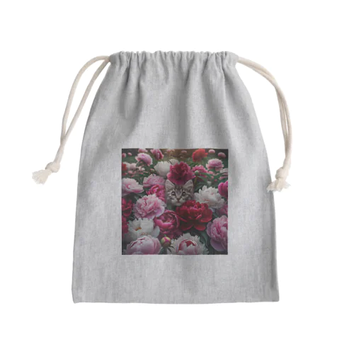 可愛い子猫がピンクの花とお揃い Mini Drawstring Bag