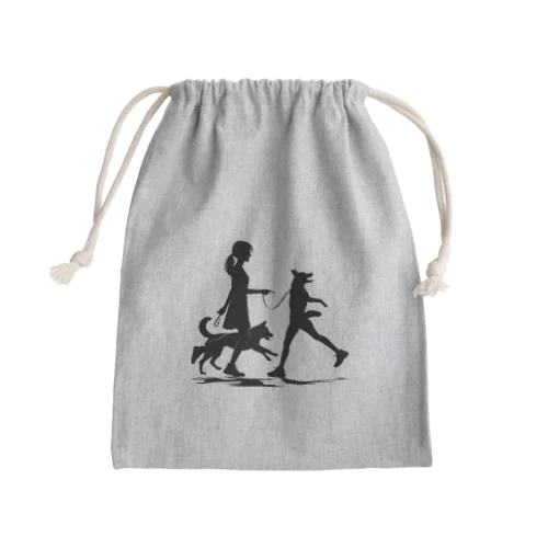 犬を散歩する女の子のシルエット Mini Drawstring Bag