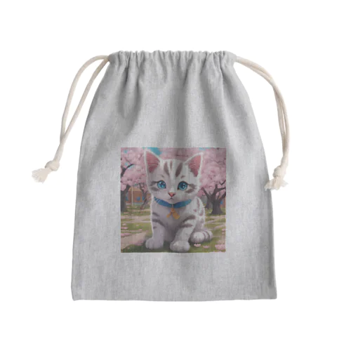 春と桜と虎縞白猫02 Mini Drawstring Bag