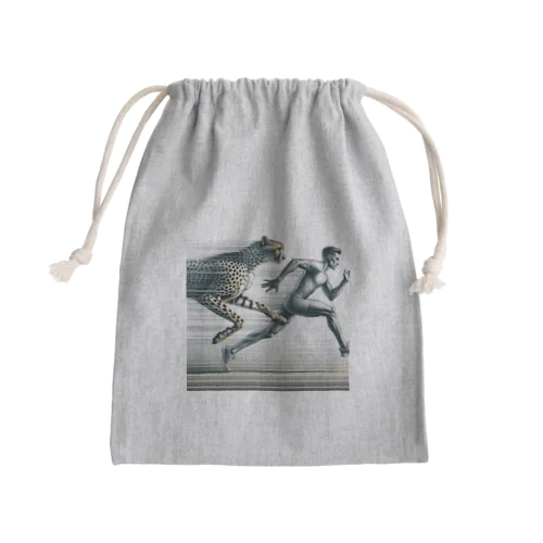 Speed Symbiosis: Man and Cheetah in Stride Mini Drawstring Bag