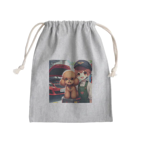 車の整備を見守るトイプードル Mini Drawstring Bag