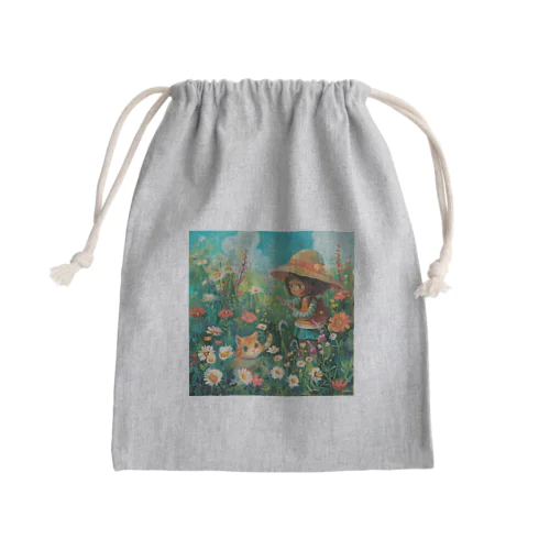 お花畑に囲まれる猫ちゃんと私 アメジスト 2846 Mini Drawstring Bag