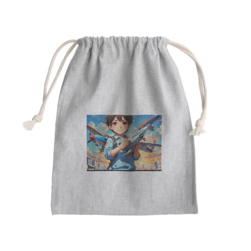 空を駆けるかっこいい飛行機模型を手にした子供 Mini Drawstring Bag