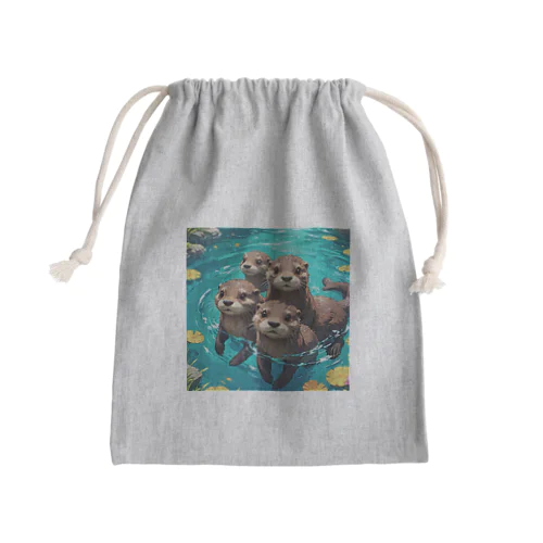 水遊びする親子カワウソ Mini Drawstring Bag