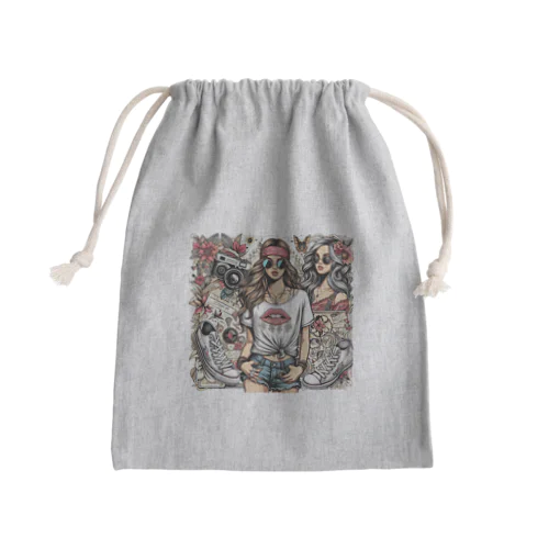 スニーカーとカメラ Mini Drawstring Bag