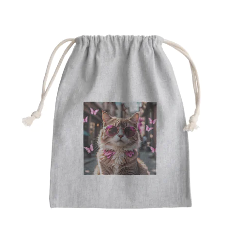 かわいいピンクのバタフライサングラスがおしゃれな猫ちゃん Mini Drawstring Bag