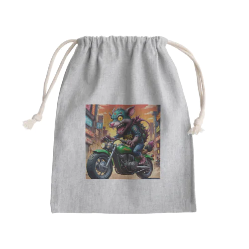 かわいくてクールなモンスターがアメリカンスタイルのバイクに乗っている様子 Mini Drawstring Bag