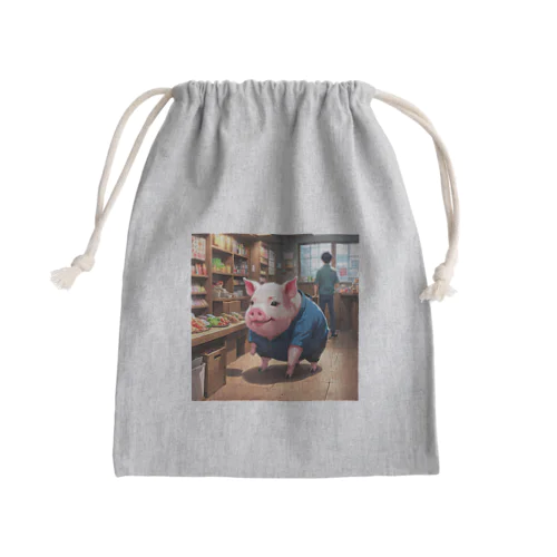 顧客との交渉をするミニブタ Mini Drawstring Bag