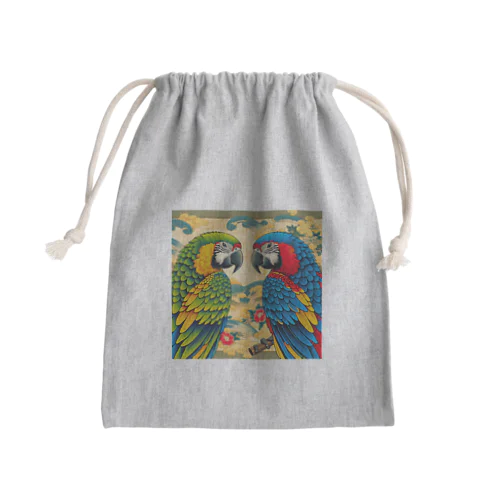 浮世絵風　向かい合うオウム"Ukiyo-e style: Facing Parrots" "浮世绘风格：面对的鹦鹉" Mini Drawstring Bag