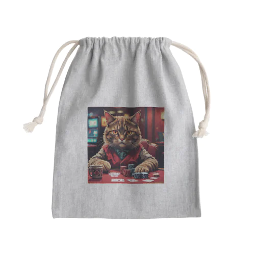 ポーカーをする猫は、いつも冷静な表情を崩さない。 Mini Drawstring Bag