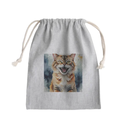怒った猫の表情が鮮やかに描かれた水彩画 Mini Drawstring Bag