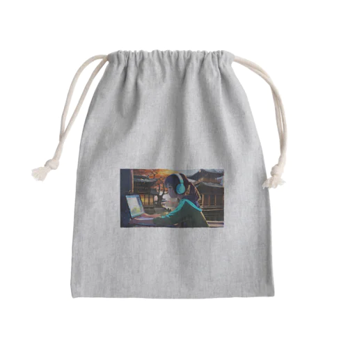 Typing Girl Mini Drawstring Bag