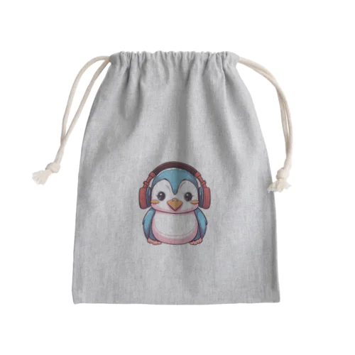 赤いヘッドホンを付けているペンギン Mini Drawstring Bag