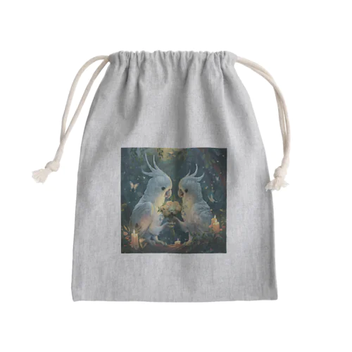 幸せと幸運をもたらす白オウムのハッピーカップル Mini Drawstring Bag