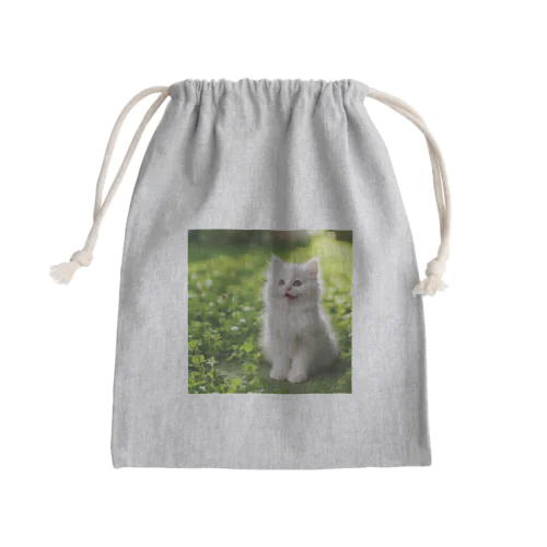 笑ってる可愛い白い猫 Mini Drawstring Bag