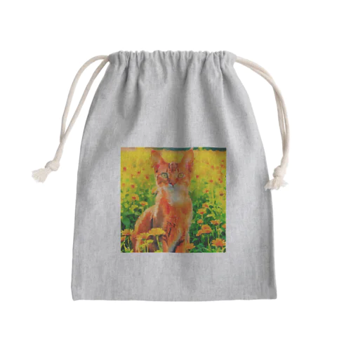 猫の水彩画/花畑のアビシニアンねこのイラスト/茶トラネコ Mini Drawstring Bag