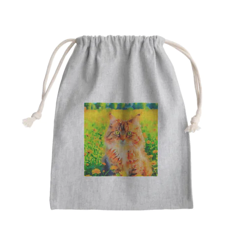 猫の水彩画/花畑のサイベリアンねこのイラスト/キジトラネコ Mini Drawstring Bag