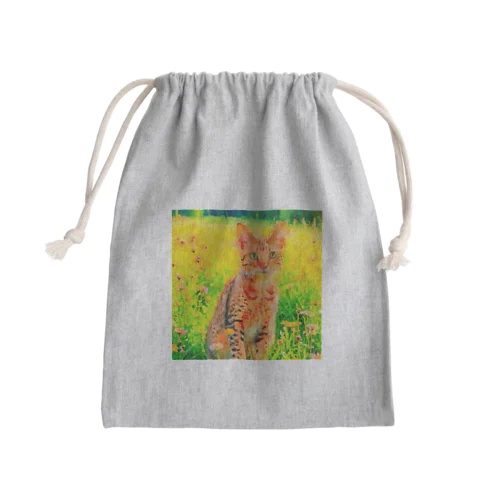 猫の水彩画/花畑のオシキャットねこのイラスト/キジトラネコ Mini Drawstring Bag