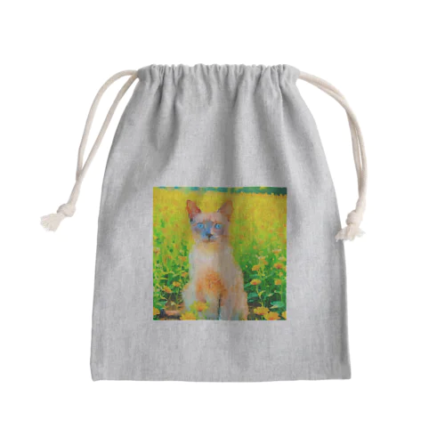 猫の水彩画/花畑のトンキニーズねこのイラスト/ポイントネコ Mini Drawstring Bag