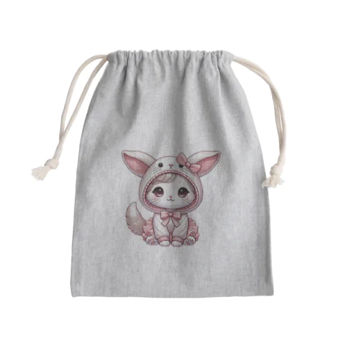 可愛いウサギ風フードのキュートな子猫 Mini Drawstring Bag