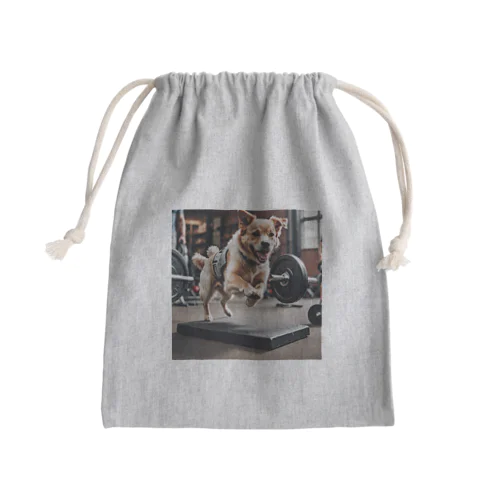 バーベルを飛び跳ねる犬 dog barbel Mini Drawstring Bag