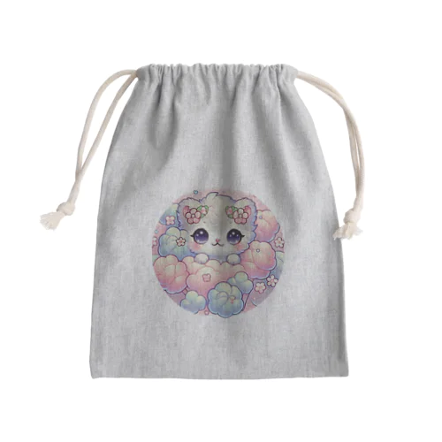 ふわふわ花飾りの子猫 Mini Drawstring Bag