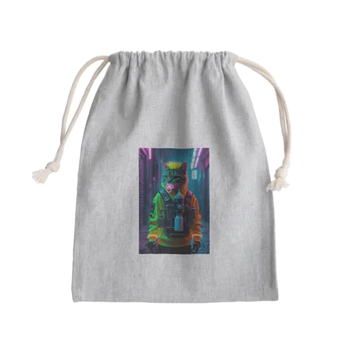 ネオンパーカーのトレンディ猫｜Trendy Cyber Cat with Neon Hoodie & Mech Bottle Mini Drawstring Bag