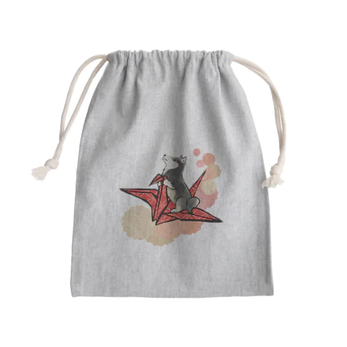 折り鶴　黒柴　赤 Mini Drawstring Bag