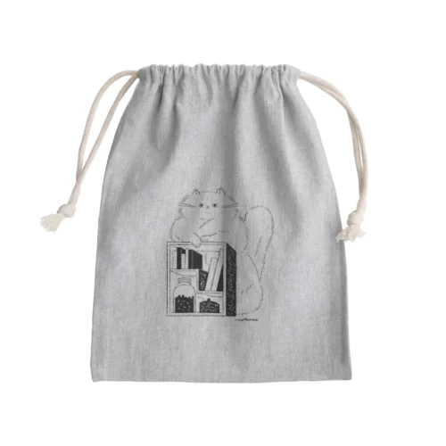 ねこの本棚（白） Mini Drawstring Bag