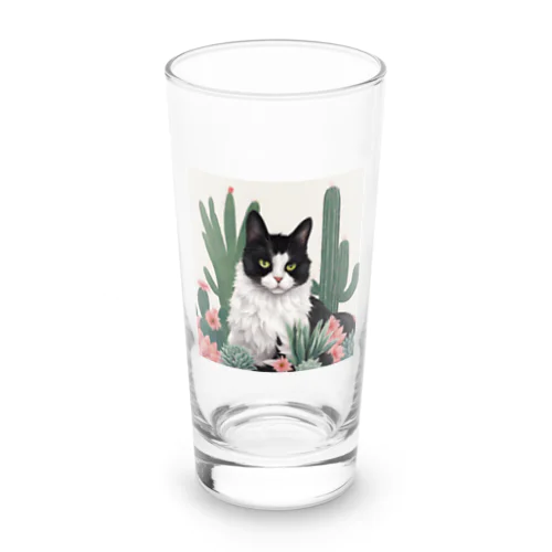 ハチワレ白黒猫とサボテン Long Sized Water Glass