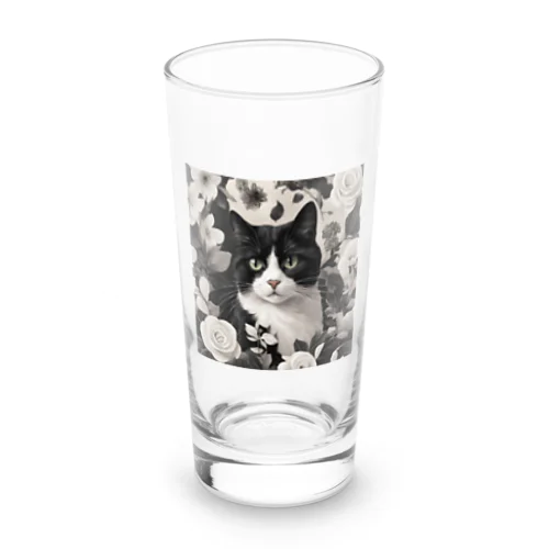 ハチワレ白黒猫とジャスミン ロンググラス